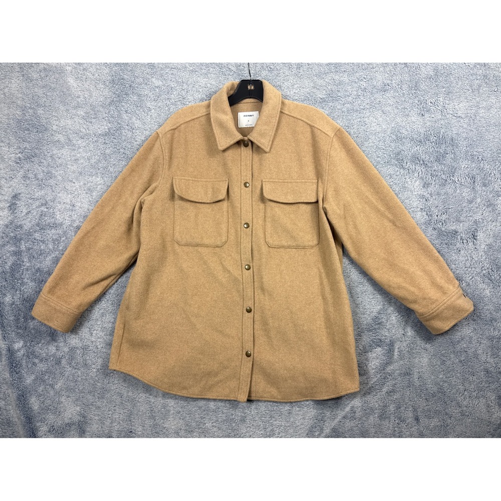Old Navy Womens M Tan Wool Blend Shacket Snap Front Utility Jacket